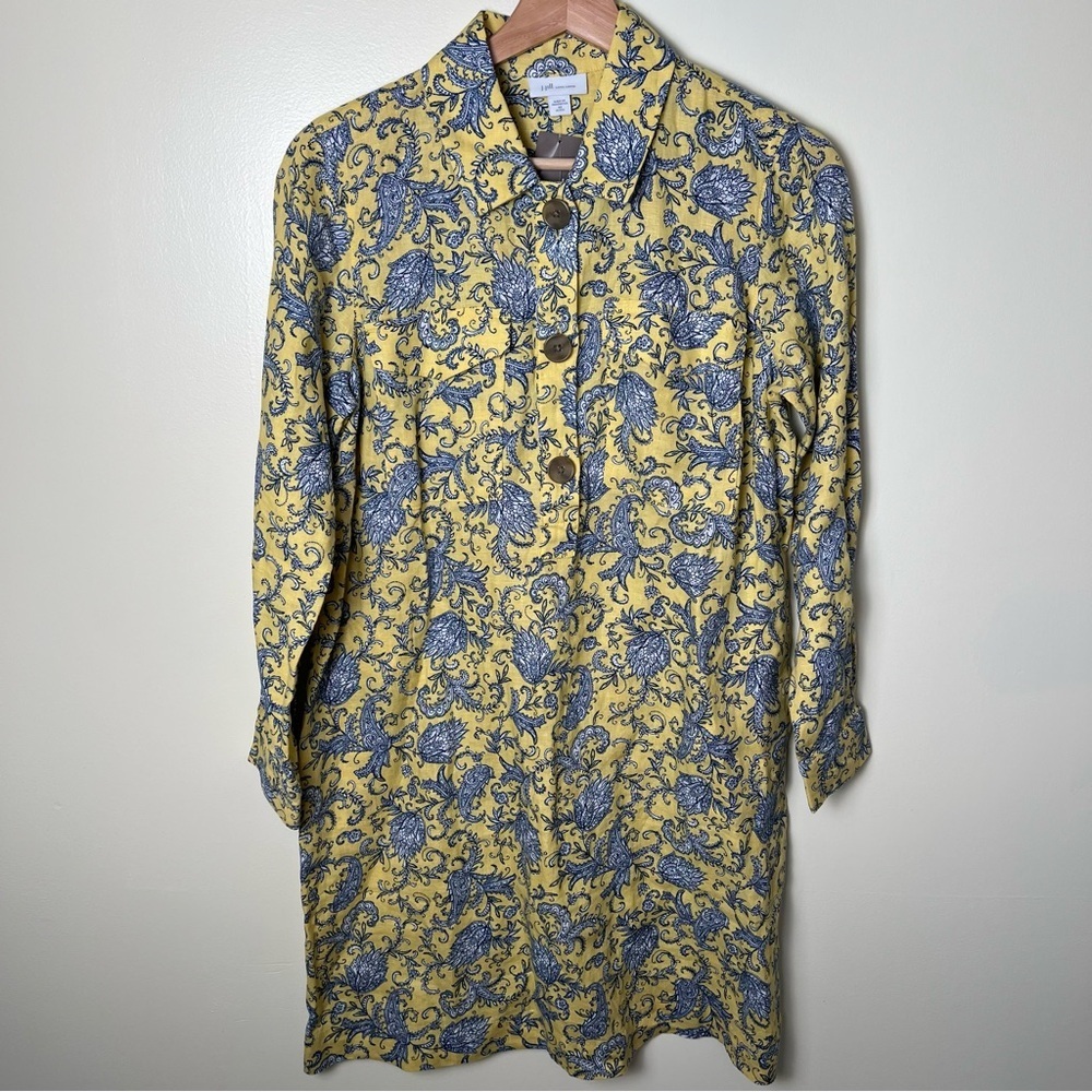J.Jill Love Linen Lemon Paisley Popover Shirt Dress Petite XS Yellow NWT Coastal